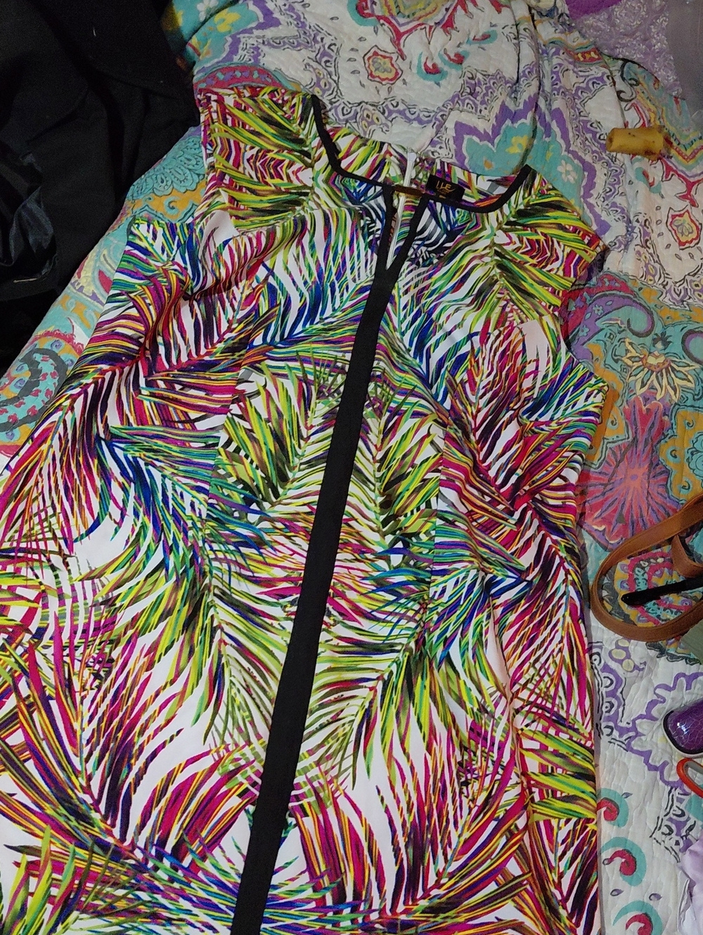 Vibrant Multicolor Palm-Print Midi Dress with Black Zip Trim